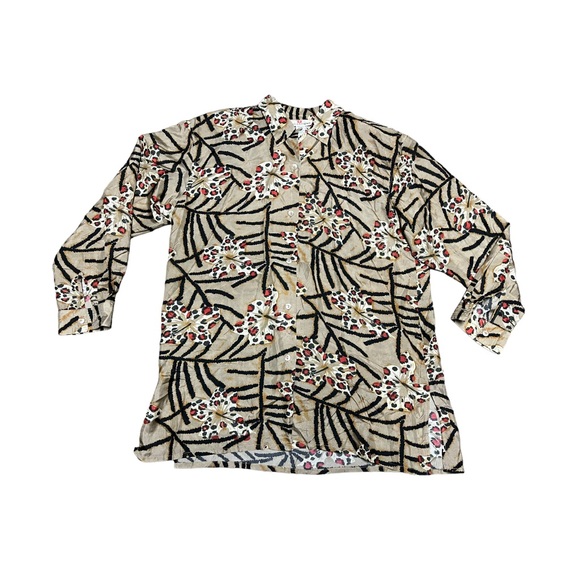 Vintage 90s 100% silk button down  leopard lilies crinkle fabric blo… - Picture 1 of 11